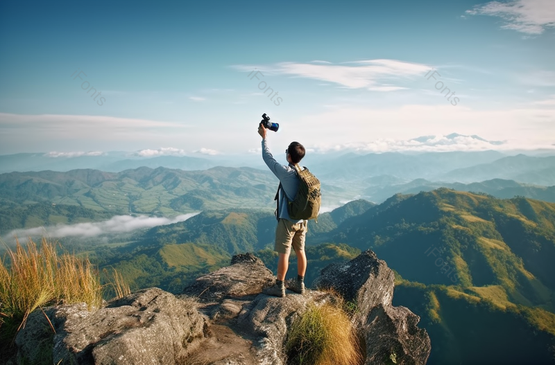 实拍一个人拿着摄像机在山顶上,高清,摄影图,摄影图片,图片大全,摄影图免费下载